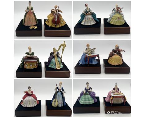 A set of twelve Royal Doulton porcelain limited edition "Lady Musicians" figures modelled by Peggy Davies comprising of Hurdy