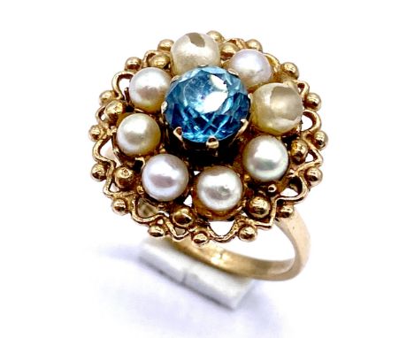 A 9ct gold dress ring with a surround of pearls, total weight 5.3g, size N