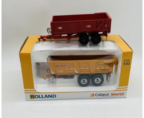 A boxed Universal Hobbies Collect-World Rolland Rollspeed 6835 die-cast farming trailer (1:32 scale), along with an unboxed B