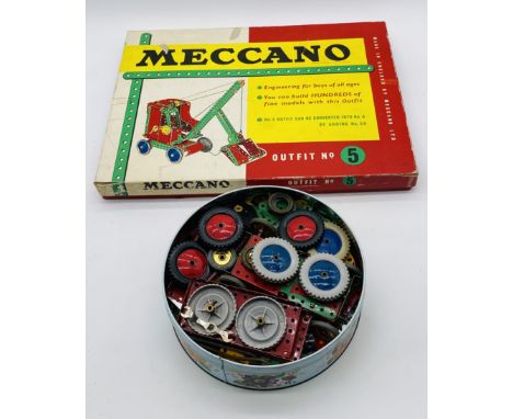 A boxed vintage Meccano Outfit No 5 set, along with a tin of loose Meccano