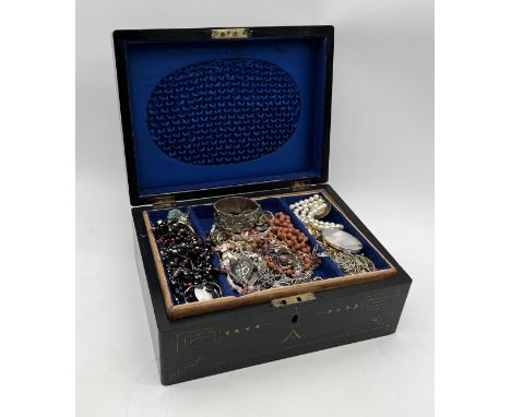 A collection of vintage costume jewellery in Victorian lined box 