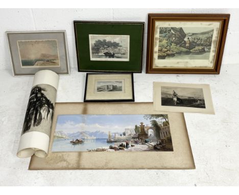 A collection of framed an unframed prints, watercolours and etchings including "The Hare" etching after Felix Bracquemond,"Sa