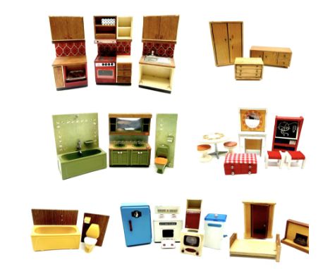 A collection of retro dolls house furniture relating to period between 1940 and 1960 including cooking unit, television, beds