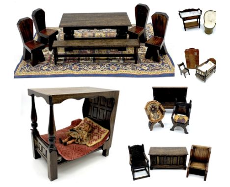 A collection of mainly dark wood dolls house furniture including four poster bed, pew, wash stand, chairs, bench, dining tabl