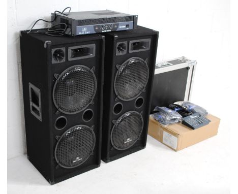 A Malone PA system, comprising a boxed Malone DX1500 amplifier with instructions, a pair of Malone 500w PA speakers, two 2 po