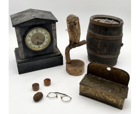 A collection of various items including slate mantle clock, small keg, brass candle box, wooden owl etc.