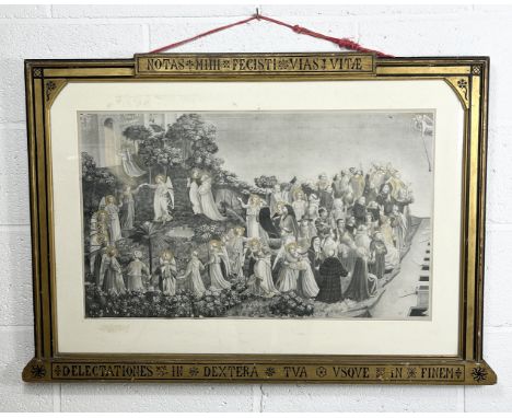 A large Victorian etching of The Blessed in Paradise with gilt detail in decorative religious frame painted in gilt with Lati