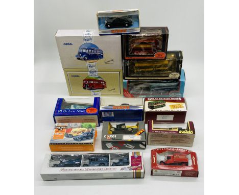 A collection of various boxed die-cast vehicles including two Corgi Commercials buses, Atlas Editions Great British Buses, Di
