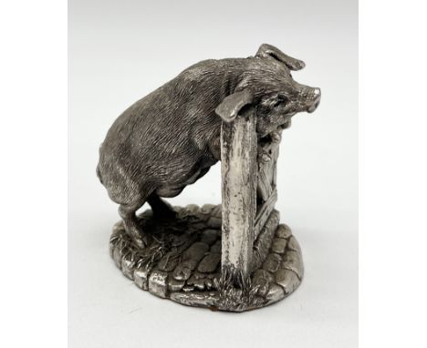 A hallmarked silver covered model of a pig scratching his ear on a gate by Country Artists - approx. 8cm high