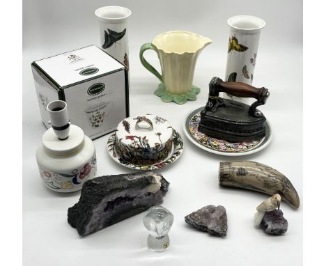 A collection of various china including Poole pottery lamp, Portmeirion vases, agates etc.