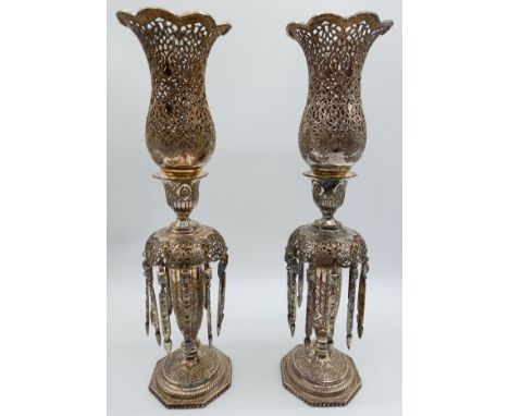 A pair of vintage Middle Eastern SCM candle lustres with SCM shaped drops, 48 cm high.
