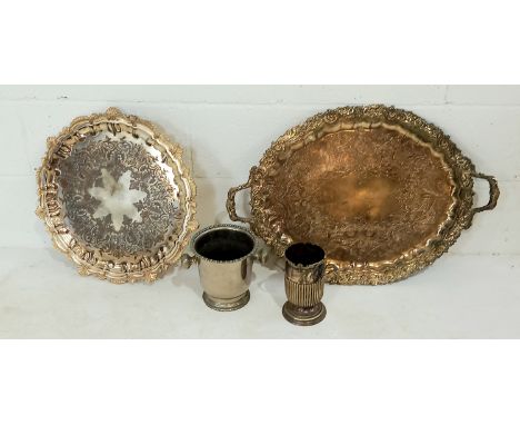 A large vintage two handled silver plated tray, large salver, and two wine coolers.