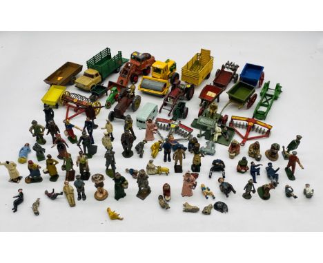 A small collection of die-cast vehicles including Britains, Matchbox, Corgi, Dinky etc, along with a selection of vintage lea