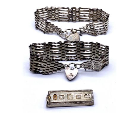 Two hallmarked silver gate bracelets along with a silver ingot, total weight 76.4g