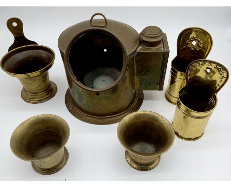 A collection of assorted brass and copper items to include, ship's compass, two mortars etc.