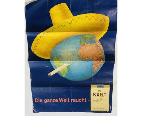 A vintage German "Kent Cigarettes" adverting poster depicting a globe in a sun hat, smoking a cigarette ,approx. 122cm x 90cm