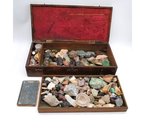 An antique collection of various geological specimens in mostly raw form, including a small bottle of opal chips, malachite, 