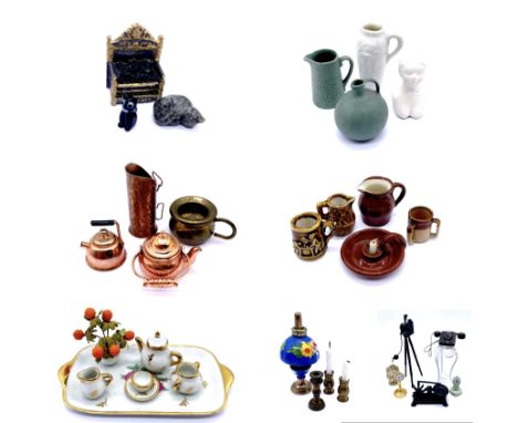 A collection of dolls house accessories including plant stand, vases, jugs, bust, fire crate, camera on tripod, candles, flow