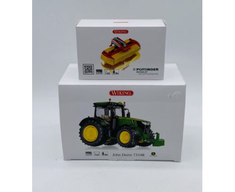 A boxed Wiking John Deere 7310R die-cast model tractor, along with a boxed Wiking Pottinger Novacat 301 Alpha Motion Pro