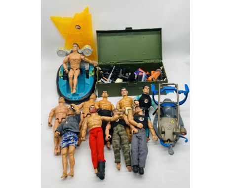 A collection of ten modern Action Man figures, along with a selection of Action Man accessories including two vehicles, boots