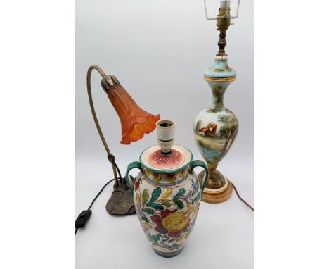 A vintage hand painted table lamp, Tiffany style lily pad lamp and a Italian pottery table lamp.