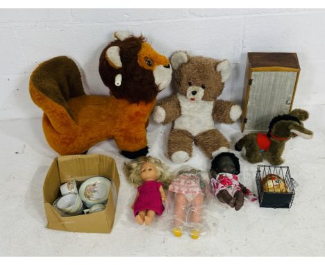 A collection of mixed vintage toys including a Lefray child's seat in the form of a lion, dolls, Lefray teddy bear, tea set e
