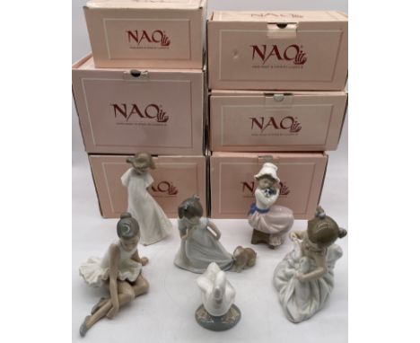 Six boxed Nao figures including a ballerina, goose and various children