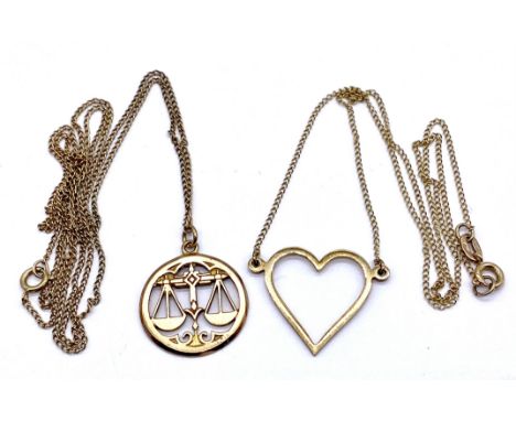 Two 9ct gold chains and pendants depicting a love heart and the scales of Libra, total weight 5.7g
