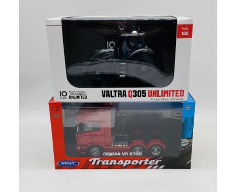 A boxed Universal Hobbies Valtra Q305 Unlimited die-cast tractor, along with a boxed Welly Scania V8 R730 die-cast truck - bo