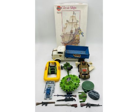 A mixed collection of toys including a Tonka truck, boxed Airfix special edition "Wasa 1628" Classic Ships model plastic kit,