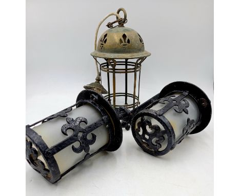 A pair of vintage outside lamps with fleur de lys decoration, one glass A/F, and a brass hall lantern shade no glass. 