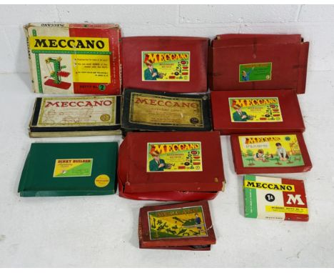 A collection of vintage boxed Meccano kits including Accessory Outfit Kits - contents unchecked, some boxes A/F