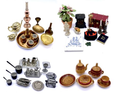 A collection of dolls house accessories including a trunk, tile, flower pot, canteen, teapot, cutlery, trays, tankards etc