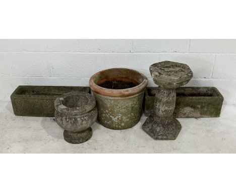 Two reconstituted stone troughs along with a large terracotta planter etc 