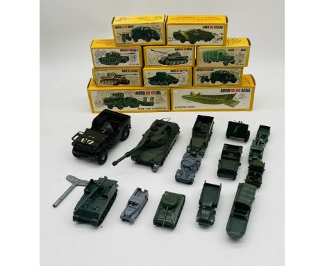 A small collection of boxed and unboxed Airfix HO-OO Scale military plastic models, along with a selection die-cast military 