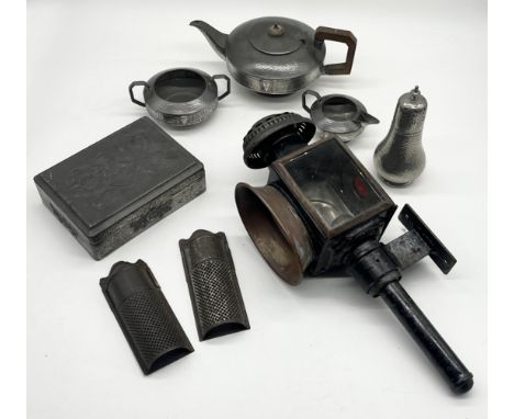 A collection of items including vintage carriage lamp, Art Deco style pewter tea service etc.