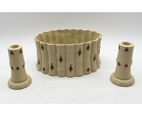 A Wedgwood jasperware bamboo planter along with a matched pair of candlesticks