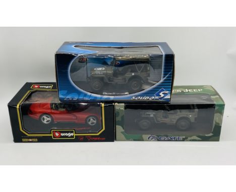 Two boxed military die-cast metal vehicles including a Solido USA jeep & Gate USA Willys Jeep, along with a Burago Dodge Vipe