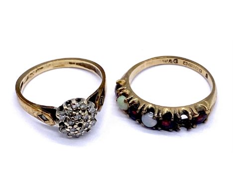 Two 9ct gold rings (garnet and opal along with a diamond cluster) both with stones missing, total weight 4.2g