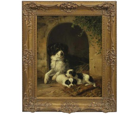   August Knip  August Knip    August Knip    (1819 Amsterdam - 1859/61 Baden-Baden)   Spaniel mit zwei Welpen   Stimmungsvoll