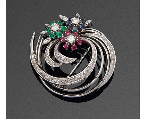   Elegante Multicolor-Brosche  Elegante Multicolor-Brosche    Elegante Multicolor-Brosche    Weißgold, gest. 585. Schauseitig