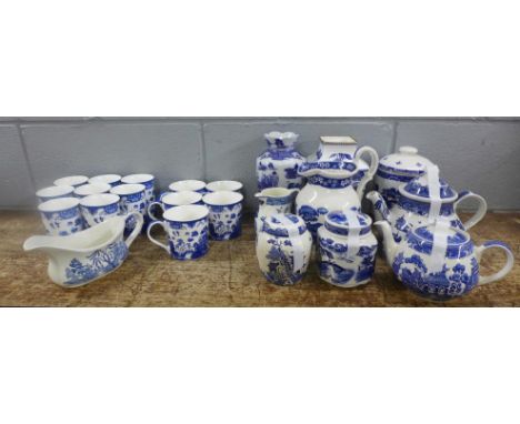 Thirteen Leonardo Collection blue and white mugs, other blue and white vases, jugs, teapot, etc., Ringtons, Churchill, Spode,