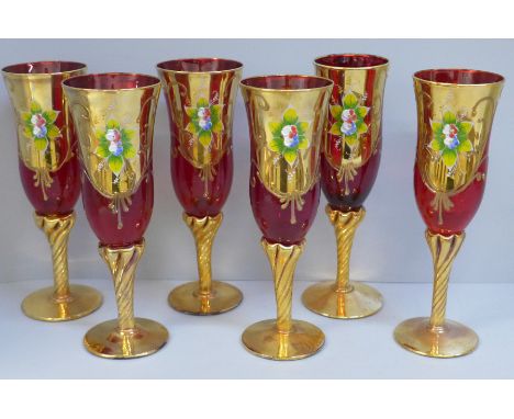 A set of six Bohemian ruby glass and gold wines 