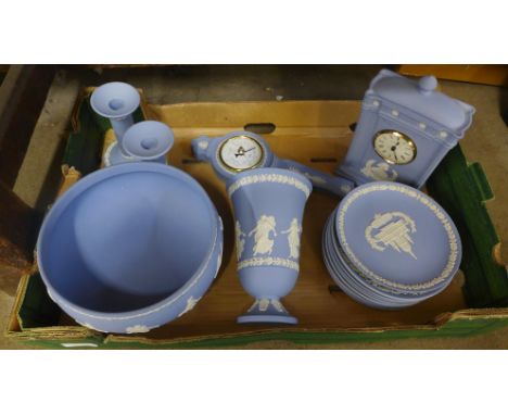 Wedgwood jasperware; mantel clock, pair of candlesticks, barometer, pedestal bowl, vase and eleven plates