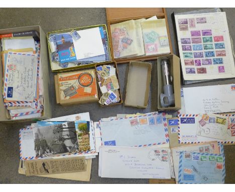 A large collection of loose stamps, postal history, accessories - Light Mess Lupe, electric watermark detector, etc. 