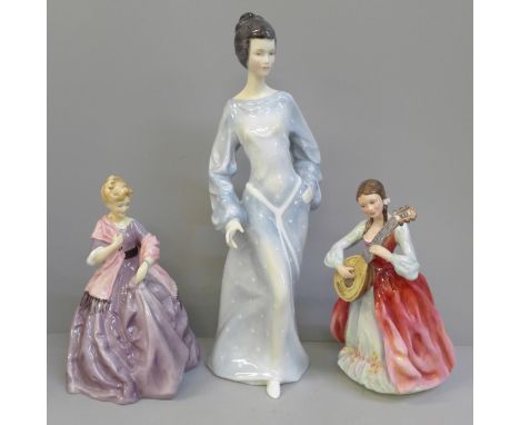 A large Royal Doulton figure Boudoir, HN2542, one other, First Dance modelled by F.G. Doughty, HN3629 and a Renaissance figur