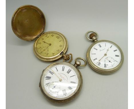 A gold plated full hunter pocket watch in an engine turned case (closure a/f), a .935 silver cased J. G. Graves pocket watch 