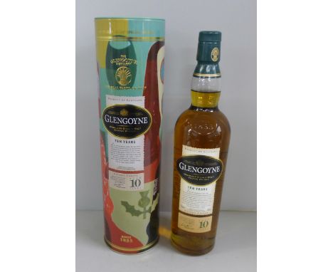 A bottle of Glengoyne Highland Single Malt Scotch Whisky in tin container 