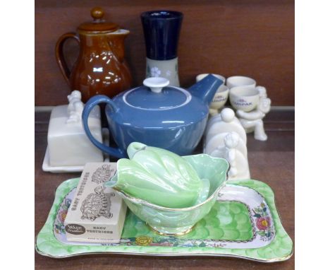 A collection of Lurpak table wares, a Denby coffee pot, a Poole pottery teapot, a Langley vase and a collection of Maling lus