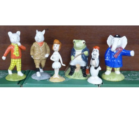 A collection of Beswick figures; Rupert Bear, Podgy Pig, Fly Fishing, Droopy, Wilma Flintstone and Edward Trunk, all boxed 